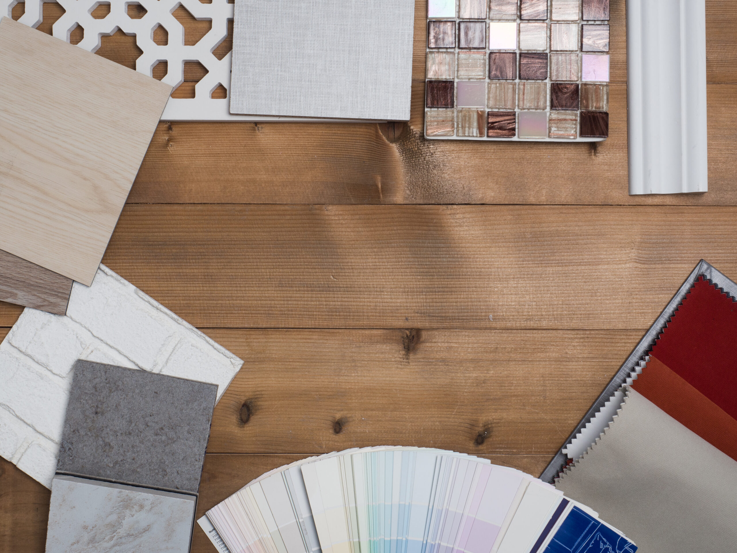 Samples of material, wood , on concrete table.Interior design select material for idea. Decoration idea concept vintage material.